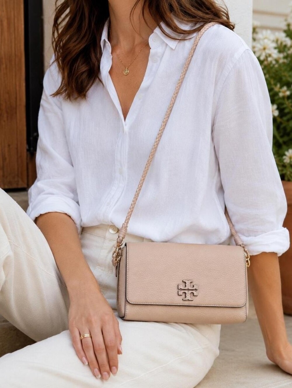 Tory Burch Blush/Tan Pebbled Leather Crossbody with  Strap